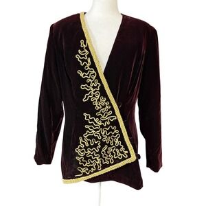 Vintage Essence Velvet Blazer Jacket Womens 12 Burgundy Gold Braid Dressy 80s